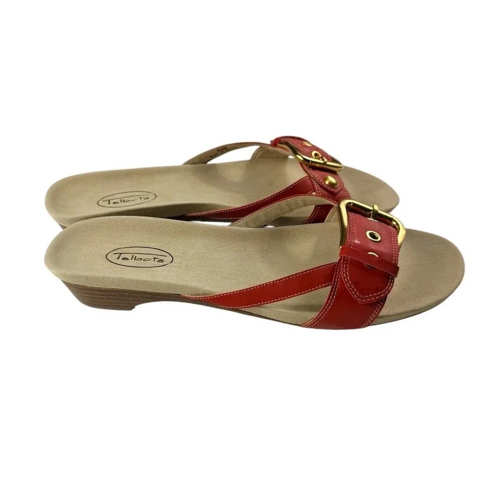 Talbots Penelope 4 Tomato Red Leather Buckle Slide Sandals 9.5 W Made in Brazil